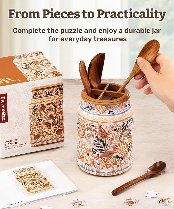 3D Puzzle Jar 128 Plastic Pieces for Adults - Summer Blossoms Use Includes Divider Pen & Utensil Holder with Wooden Lid Dining,Study Living Room Medium [BA1016]