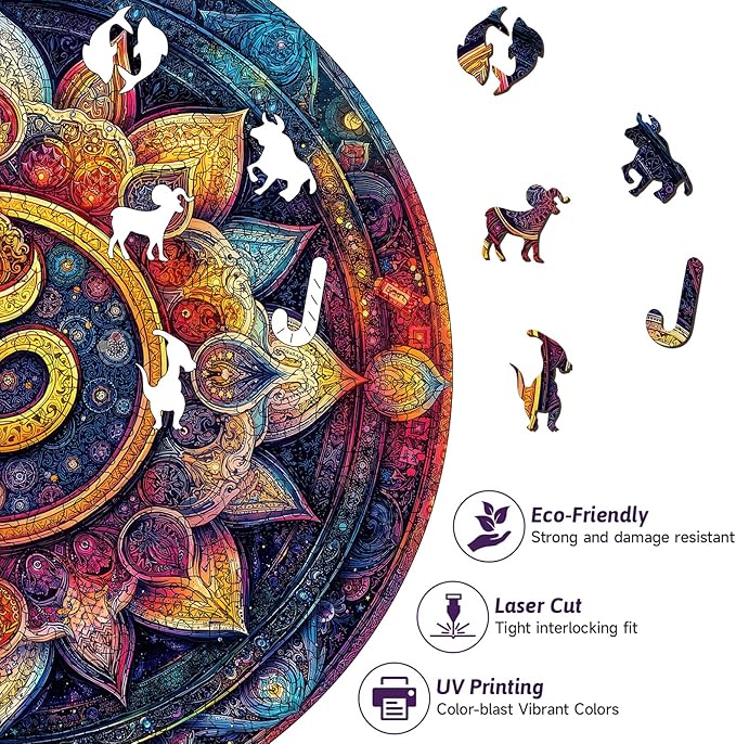 Mandala Wooden Puzzle for Adults, 454 Pieces Colorful Round Wood Jigsaw Puzzles, Scorpio Symbol Art, Unique Wood Animal Shaped Puzzle, Family Game Home Decor