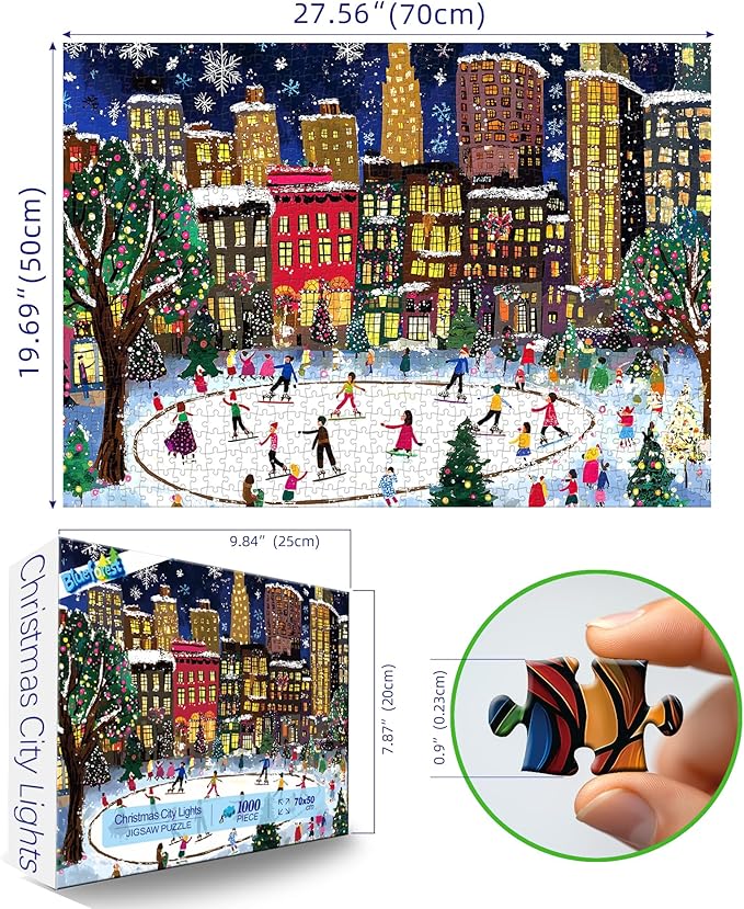 1000 Piece Puzzle for Adults Christmas Winter Ice Skating Cityscape Night City Beautiful Scene with Snow & Lights, Festive Holiday Jigsaw Puzzles Challenging Puzzle for Holiday Decor