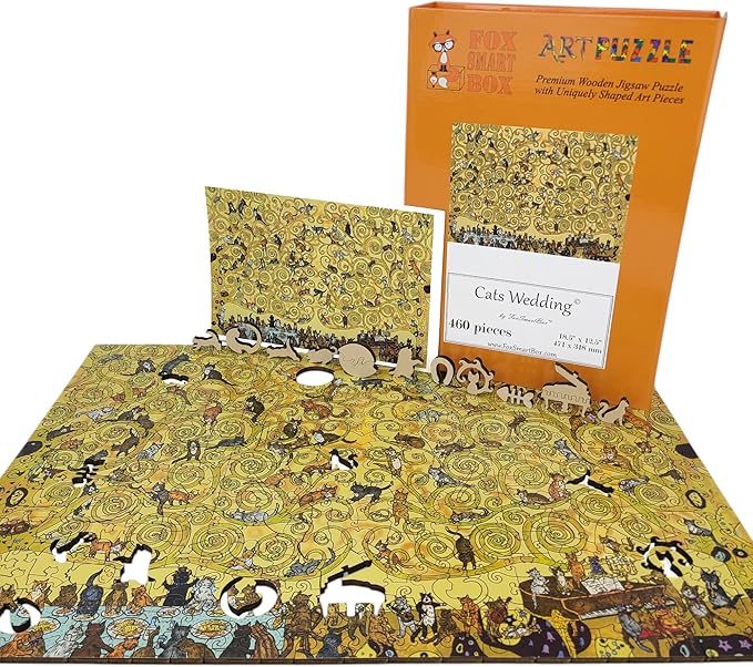 Wooden Puzzle for Adults - Uniquely Shaped Pieces - Made in The USA by FoxSmartBox - 460 Pieces - Cats Wedding