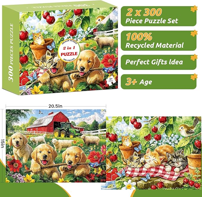 2 Pack 300 Piece Puzzle for Adults, Kittens Puppies Jigsaw Puzzle for Adults Teens,Large Piece Puzzle for Kids Ages 8-10 10-12,Glossy & Sturdy Pieces,Challenging Family Game Great Gift Idea,20.5x15 in