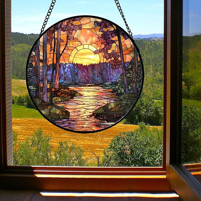 Stained Glass Window Hanging, Orange Landscape Green Purple Lake Forest Suncatcher for Doors Window Home Sun Catchers Decor Mother's Day Birthday Gifts for Women Men Mom 11.8 in