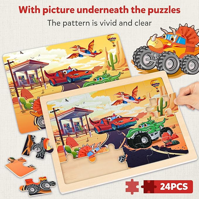 SYNARRY Large Wooden Monster Truck Puzzles for Kids Gift Box(12.2*9.4 in) - FSC Certified, 24 Piece Puzzles for Toddlers 3-5, Wood Puzzle for Kids Ages 4-6, Toys Gifts for 3 4 5 6 Year Old Boys Girls
