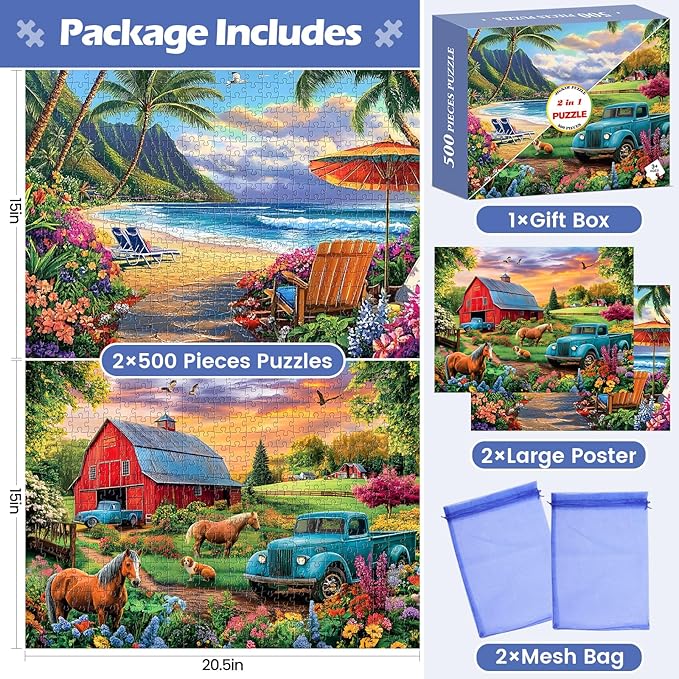 2 Pack 500 Pieces Puzzle for Adults, US Country Life Farm Puzzle for Adults Kids Seniors, Horse Cow Tractor Flower Jigsaw Puzzles 500 Pieces, Colorful Challenging Puzzles Family Game Gift 20.5 * 15