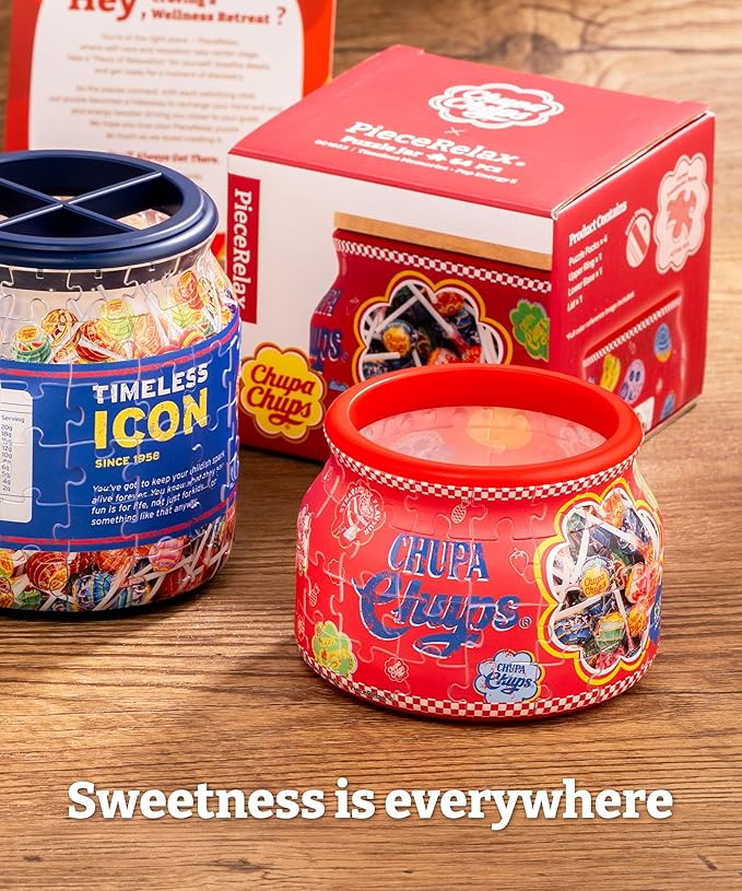 Chupa Chups X PieceRelax 3D Puzzle Jar 64 Plastic Pieces for Adults - Timeless Memories - Pop Energy S Wooden Lid Container for Kitchen Dining Study Living Room No Glue Requied Small [BC1023]