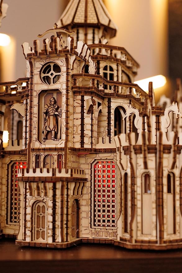 Wood Trick Dragon Castle Movable Wooden 3D Puzzles for Adults to Build - Red LED - Greensleeves Melody - Towers Rotating - Engineering DIY Project Mechanical Model Kits for Adults
