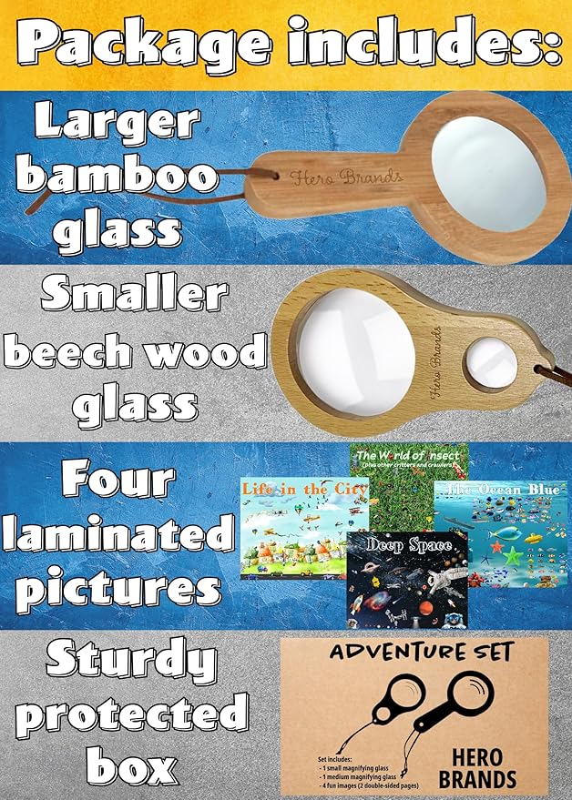Adventure Set - 2X Wood Magnifying Glass for Kids with 4 Pictures - Wooden Montessori Toy - Learn and Explore