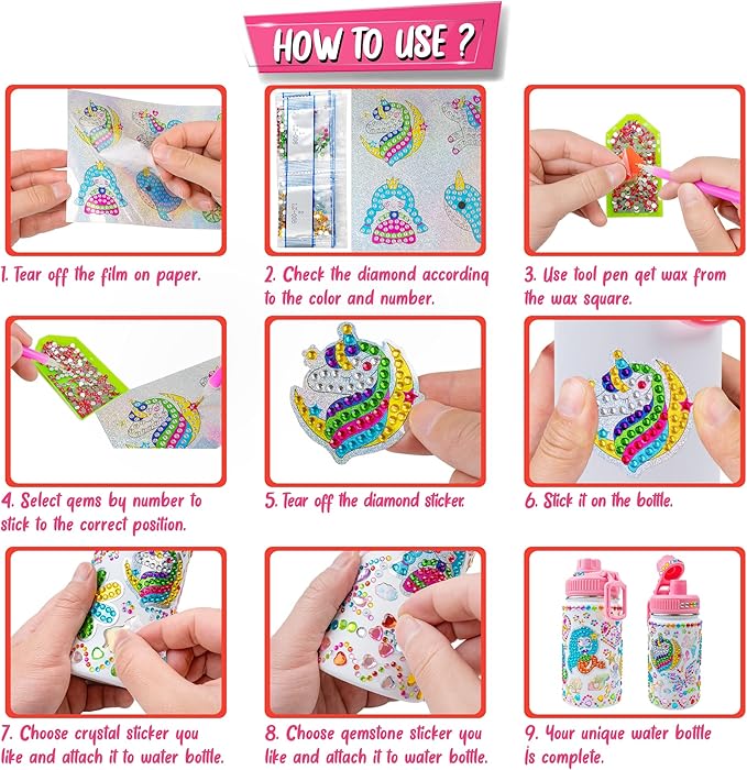 FTBox Decorate Your Own Water Bottle, Cute Arts and Crafts Gifts Toys for Girls Age 4-12, Unicorn/Mermaid Diamond Painting Crafts Kit for Birthday & Christmas