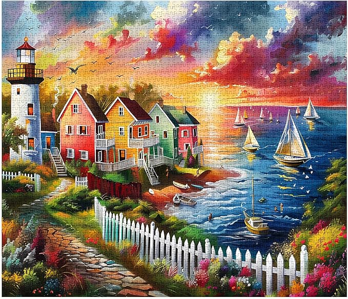 Colorful Seaside Town Jigsaw Puzzles for Adults 1000 Pieces, Lighthouse Boats Sunset Jigsaw Puzzle Art 27 x 20 Inches Beautiful Clouds DIY Puzzles for Home Decoration, Family Puzzle Game Nights