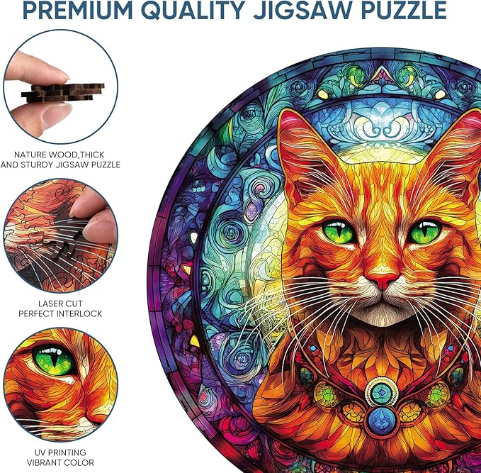 Wooden Puzzles for Adults, Yellow Cat Jigsaw Puzzles 200 Pieces, Unique Shaped Animal Wood Adult Puzzle, Best Gifts for Adults Family Games (11.2 * 11.2 inches)