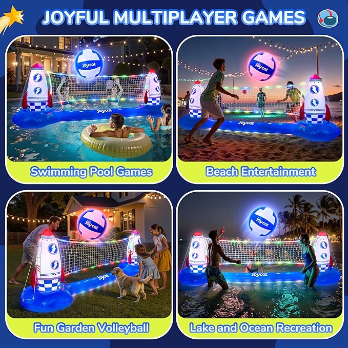 JoyCat LED Inflatable Pool Floats Set,125 Inch Volleyball Net & Basketball Hoop,Floating Swimming Pool Games Beach Toys for Kids,Water Games for Adults and Family,Pools Party Gift