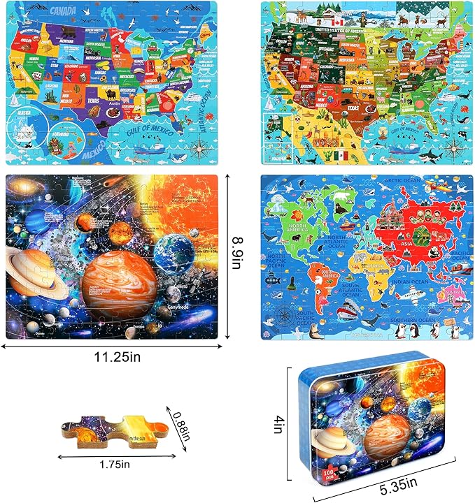LELEMON 100 Pieces Puzzles for Kids Ages 4-8, 4 Set Kids Puzzle Ages 6-8,United States World Solar System Children Learning Educational Puzzless Toys for Boys and Girls