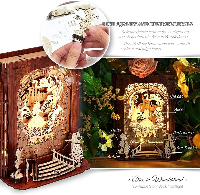 Alice in Wonderland 3D Puzzle Nightlight – DIY 3D LED Book Lamp – 3D Wood Puzzles Décor Lamp for Kids and Adults