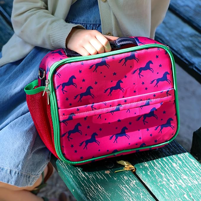 Yumbox Kids Lunch Bag, Holds Lunch Box and Water Bottle, 3 Ways to Carry, Zip Closure, Inside Zipper Netting, Wipe Clean Fabric with EVA lining for extra insulation (Horse Lunch Box)