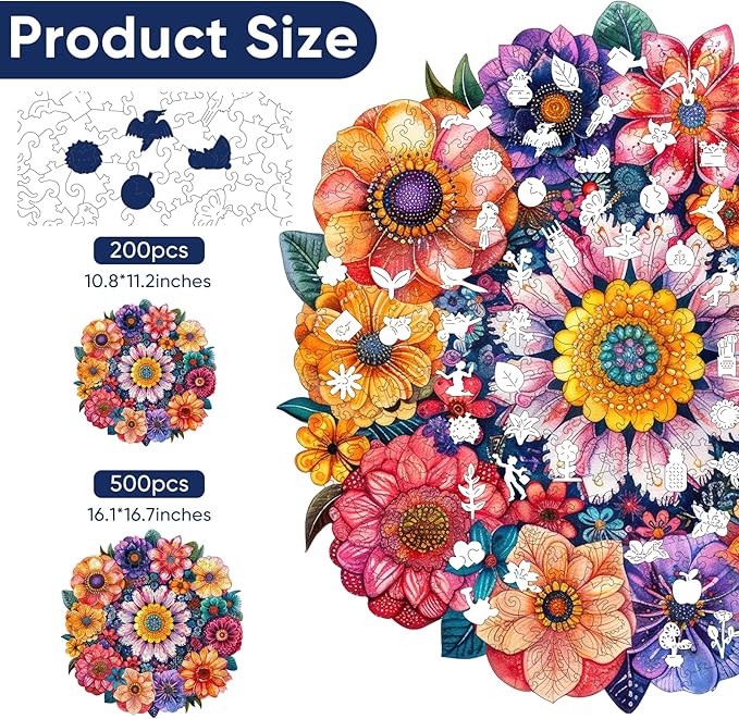 Mys Aurora Puzzles for Adults Round Flower Wooden Puzzles, 200 Pieces Unique Shaped Jigsaw Puzzles, Birthday for Adults and Kids, Fun Family Game 10.8'' x 11.2'' Medium Size