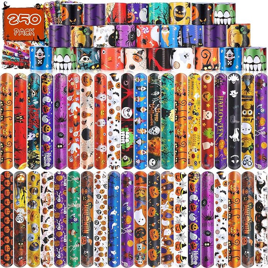 LUYI 250 PCS Halloween Slap Bracelets，Halloween Party Favors Supplies -50 Different Designs Bracelets Bulk for Halloween Decorations Treat Toys Bag Stuffers Gift