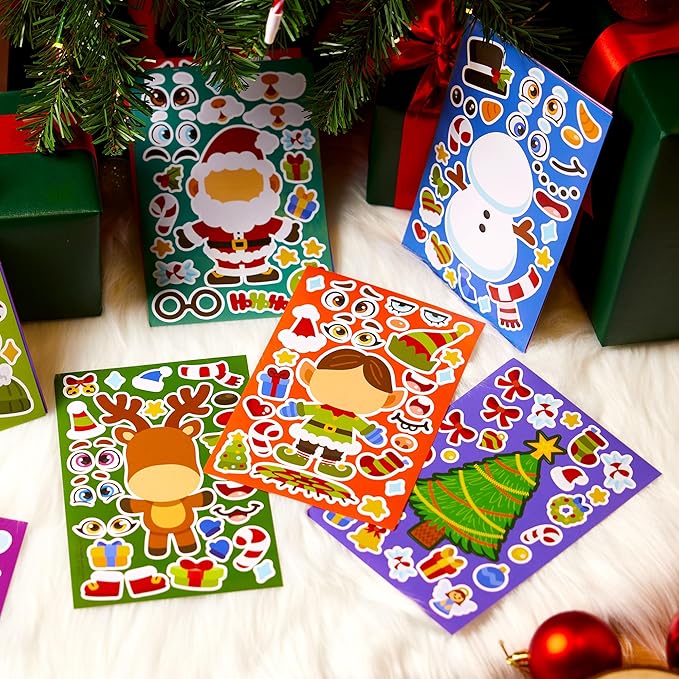 JOYIN 24 Pcs Christmas Make-a-face Stickers, Make Your Own Characters Mix and Match Sticker Sheets with Christmas Elf, Santa, Snowman, Tree, Xmas Party Games for Kids Party Favor Supplies Craft