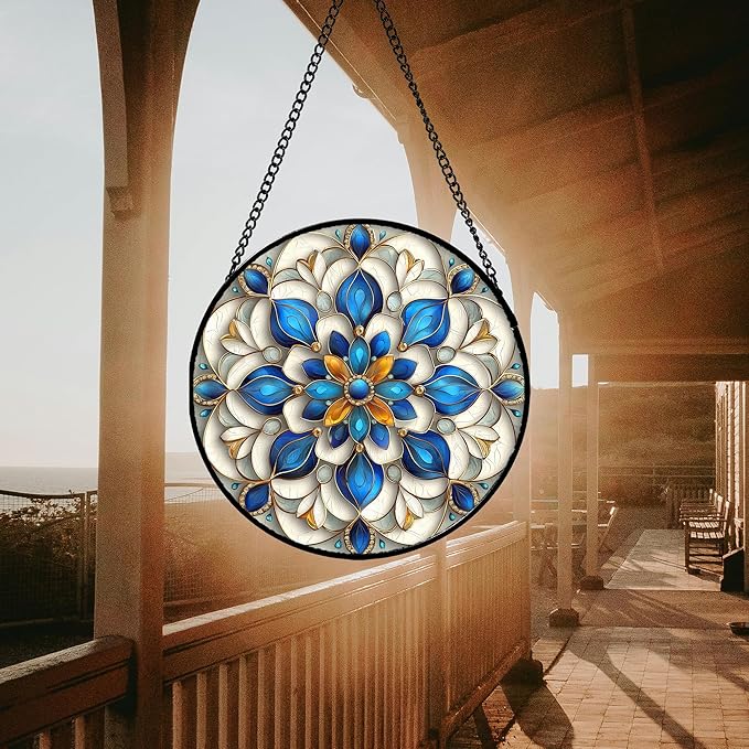 Stained Glass Window Hanging - Blue and White Abstract Flowers Suncatcher for Door Terrace Garden Home Decor, Gold Sun Catcher Birthday Gifts for Lovers Women Men Dad Mom Nana 7.8 in