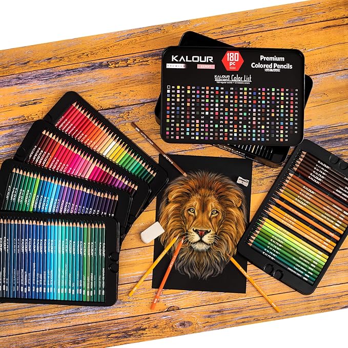 KALOUR 180 Colored Pencil Set for Adults Artists - Rich Pigment Soft Core -12 Metallic Pencil - Ideal for Coloring Drawing Sketching Shading Blending - Vibrant Color（Tin Case）