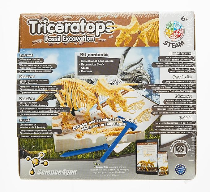 Science4you - Triceratops Fossil Digging Kit for Kids - Excavate and Assemble 10 Dinosaur Fossiles, Dinosaur Toys for Boys and Girls Age 6+, Dino Games, Dinosaur Gifts for 6+ Year Old Boys and Girls