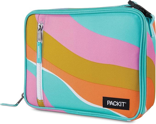 PackIt Freezable Classic Lunch Box, Retro Wave, Built with ECOFREEZE Technology, Fully Freezable, Collapsible, Reusable, With Zip Front Pocket and Buckle Handle, Designed for Fresh Lunch On the Go