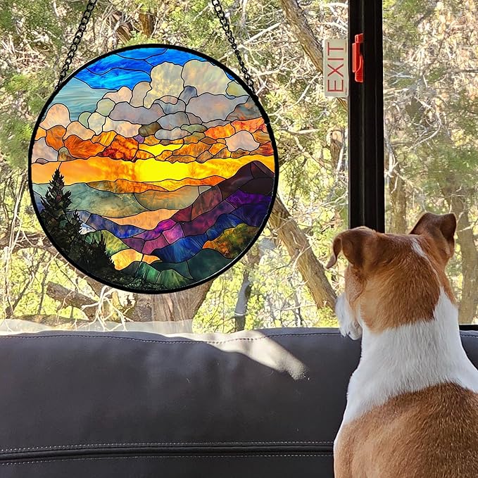 Stained Glass Window Hanging, Abstract Clouds Mountains Landscape Suncatcher for Doors Window Home Sun Catchers Decor Mother's Day Birthday Gifts for Women, Men Mom 11.8 in