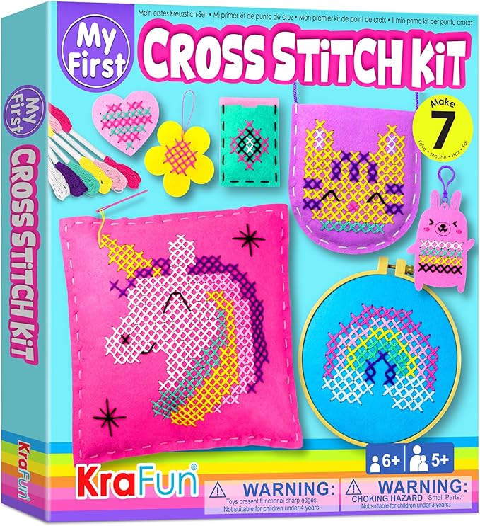 KRAFUN Beginner My First Cross Stitch Kit for Kids Arts & Crafts, 6 Easy Projects of Felt Keyring, Bag, Pillow Craft, Instructions, Gift for Girls and Boys, Learn DIY Crafting, Embroidery