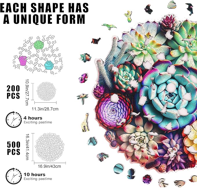 delobi Mandala Succulent Wooden Puzzles, 500 Pieces Jigsaw Puzzles 11.3'' x10.9'', Unique Design Liberty Wooden Puzzles for Adults and Kids, Family Game Gift Medium Size