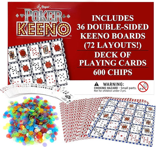 Regal Games - Poker Keeno Bulk Game Set - Includes 36 Two-Sided Boards, 600 Scoring Chips, 1 Deck of Standard Poker Cards - 72 Unique Board Layouts- Casino Night Card Game- Compatible w Poker Keno
