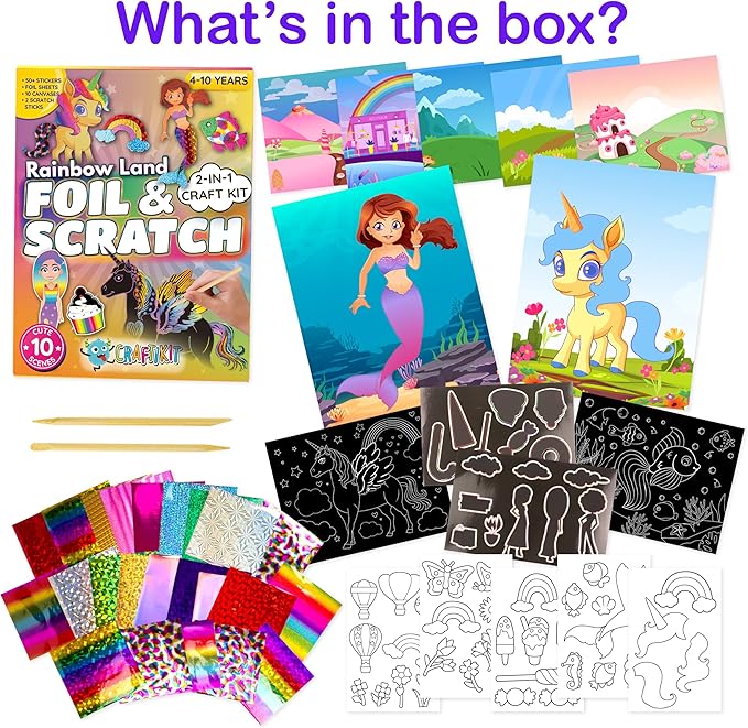 Craftikit ® Rainbow Land Foil Art & Scratch Art for Kids- 2-in-1 Arts and Crafts Kit for Kids Ages 4-10 - Rainbow Crafts for Girls Ages 4, 5, 6, 7, 8, 9, 10