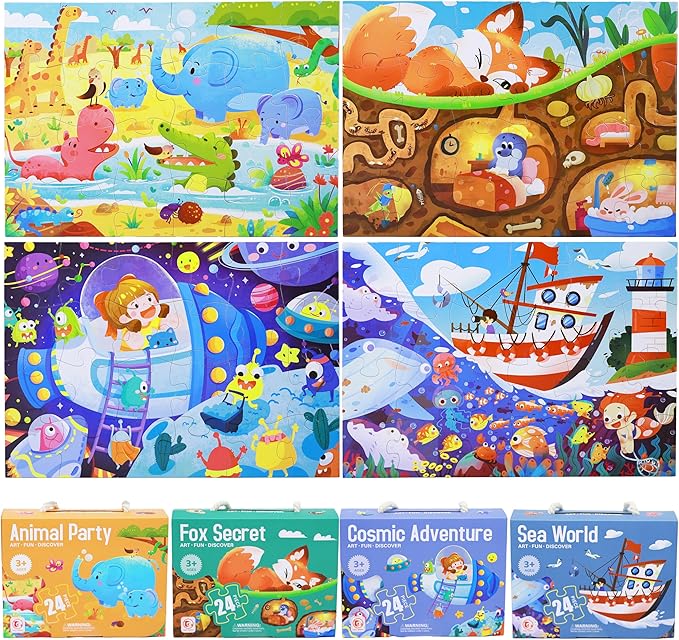 PhoenixtreeMoon Large Floor Puzzles for Kids Ages 4–6, 4-in-1 Educational Storytelling Jigsaw Puzzles – Animal, Sea, Space Themes for Boys and Girls