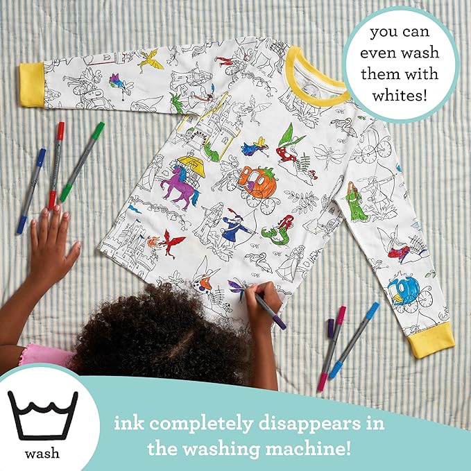 eatsleepdoodle coloring pajamas for boys and girls, with 10 washable markers, Kids Colorable Pajama 100% cotton