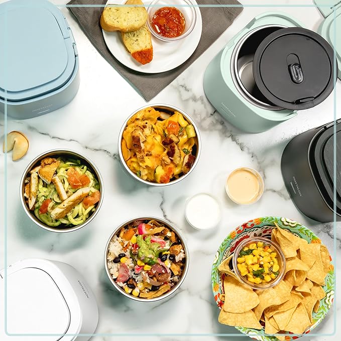 Nostalgia Portable 20-Ounce Electric Heated Lunch Box – Travel Size 2.5 Cup Capacity for Soup, Chili, and Leftovers – Leak Proof Silicone Sealed Lid, Foldable Carry Handle, Detachable Cord – Chambray