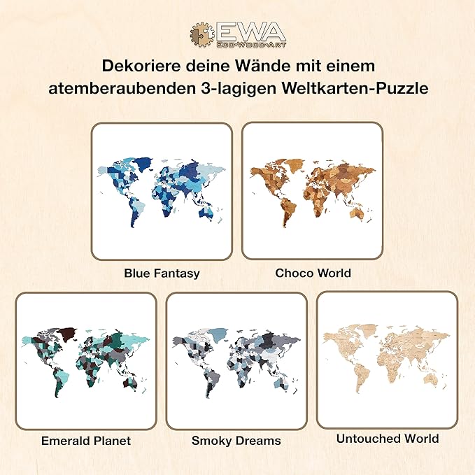EWA Eco-Wood-Art - Wooden Puzzles for Interior and Design - World map - Souvenir, Gift, Kitchen, Home Decor, Interior (Untouched Worlds 126 Pieces)