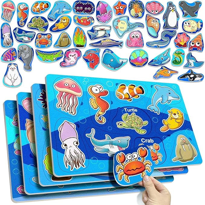 4 Pack 40 Pieces Felt Ocean Theme Zoo Animals Forest Ocean Toys for Toddlers Puzzles Educational Toddler Montessori Learning Matching Game Christmas Birthday Gifts Toys for Kids Felt Busy Board