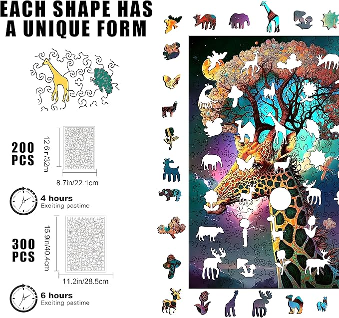 Wooden Jigsaw Puzzle for Adults and Kids Unique Shape Wood Colorful Beautiful Box Fun Challenge Brain Health Family Game Creative Gift for Friends Rompecabezas Madera(Giraffe 200pcs)