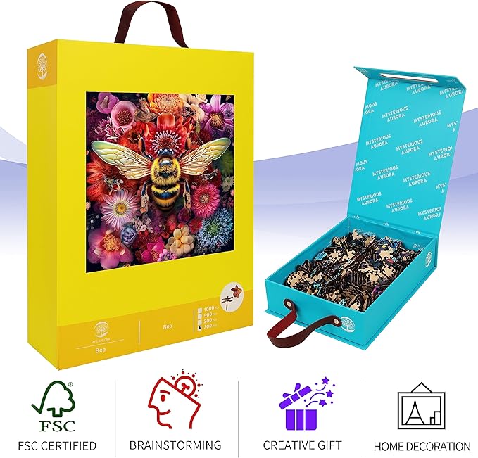 Wooden Jigsaw Puzzle for Adults and Kids Unique Shape Wood Colorful Beautiful Box Fun Challenge Brain Health Family Game Creative Gift for Friends Rompecabezas Madera(Bee 500pcs)