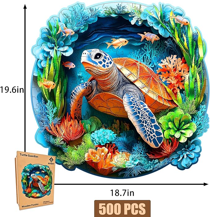 Wooden Jigsaw Puzzle, 200-500 Pieces Unique Shape Animal Puzzle, for Adults & Kids, Birthday Gift Family Game, Decorative Puzzle, Unique Gift (Turtle Guaridan, 500 PCS)