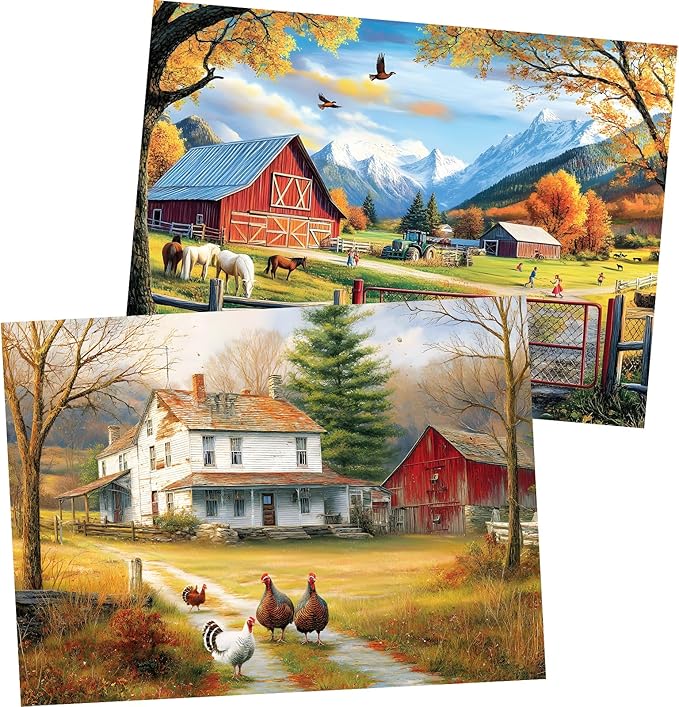 2 Pack 300 Pieces Puzzle for Adults,Autumn Puzzle Farm Jigsaw Puzzles 300 Pieces for Adults Kids Seniors Countryside Jigsaw Puzzle Premium Cardboard Puzzles for Tabletop Family Activity Gift