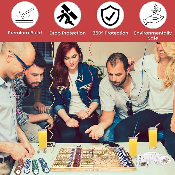 23-Inch Premium Horse Racing Board Game – Foldable Wooden Horse Race Board Game with 11 Numbered Metal Horses, Dice, Cards, and 80 Poker Chips for Parties & Friendly Betting