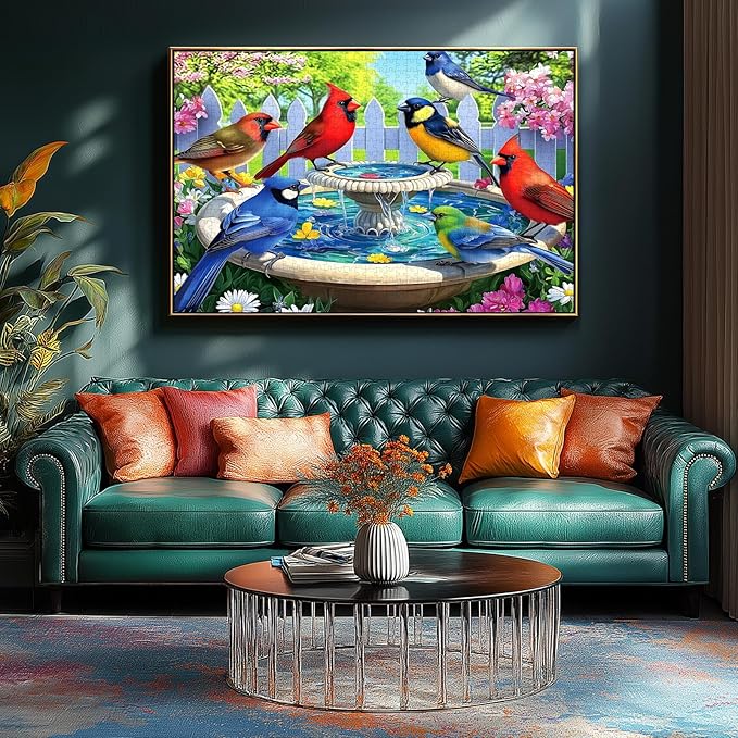 Birds at Birdbath 1000 Piece Jigsaw Puzzle for Adults Birds Bath Fountain Garden Scene Challenging Family Puzzle Perfect for Game Nights (27.5"X19.6")