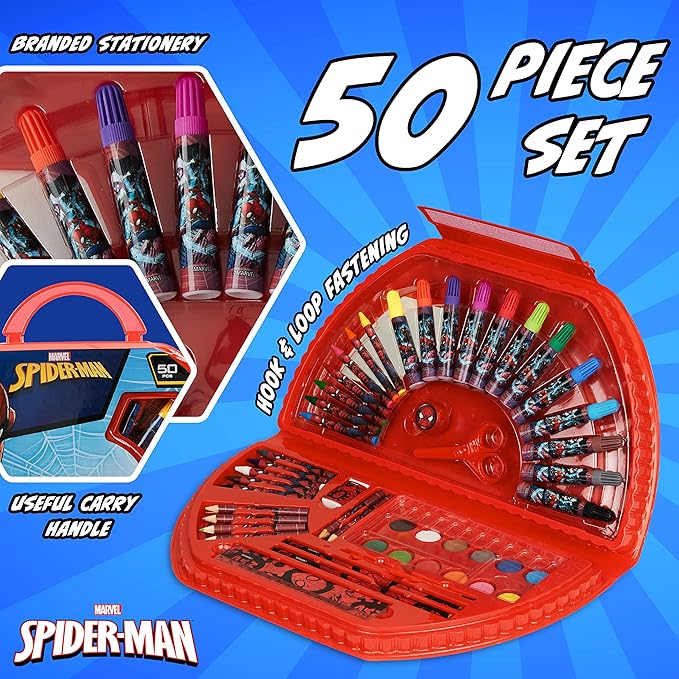 Marvel Kids Art Set for Boys Crafts Drawing and Painting Sets for Children Travel Case 40 Plus Pieces Watercolour Paints Crayons Colouring Pencils Art Supplies Spiderman Gifts