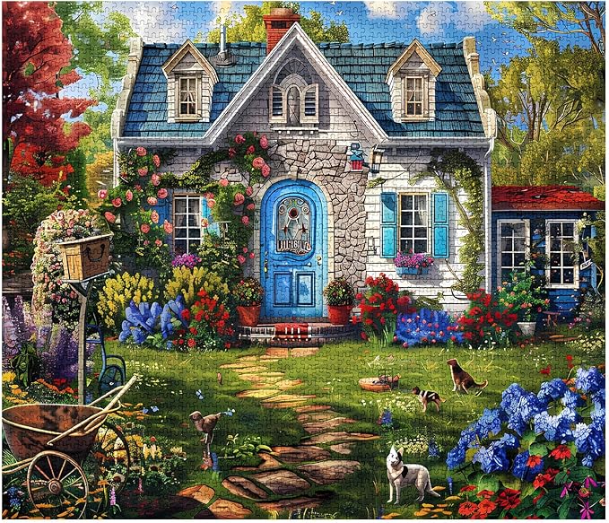 Beautiful Cabin Jigsaw Puzzle，Blue Door Charming House Scenery 1000 Pieces Jigsaw Puzzles for Adults，27 x 20 Inches Puzzles ，HD Quality Warm Wall Puzzle Gift，Family Activity Perfect for Game Night
