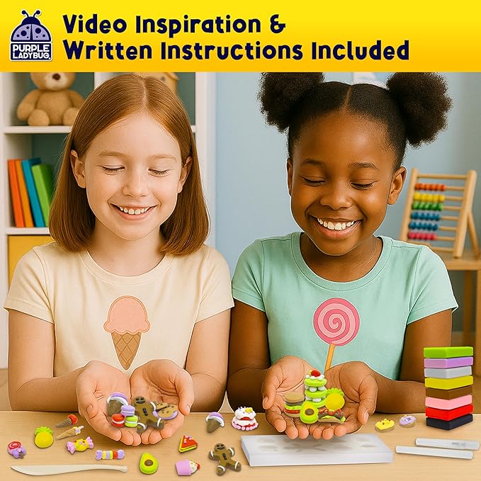 PURPLE LADYBUG Eraser Lab DIY Clay Kit - Food-Themed Fun Eraser for Kids Craft Set, 8 Clay Colors, Mold Tray & Shaping Tools, Creative Activity for Boys & Girls Aged 4+, Gift for Birthday, Christmas