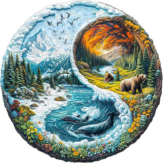 Wooden Puzzles for Adults - Yinyang Glacial Forest Wood Puzzles Adult - Unique Animal Shape Wooden Jigsaw Puzzles for Adults - Birthday Gifts for Puzzle Lovers, Family (8.5 * 8.5in)