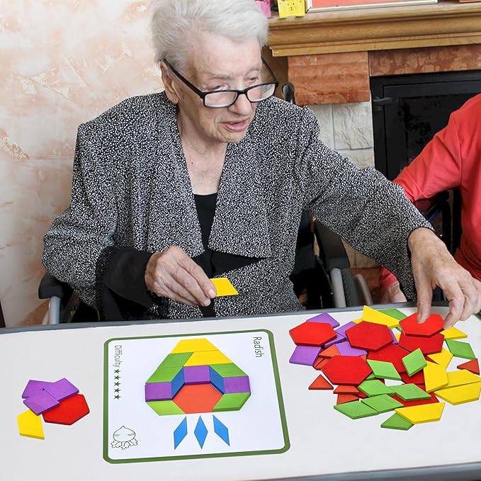 Activities for Dementia Patients, 80 Pieces Wooden Tangrams Puzzle Game for Seniors, Colorful Shape Pattern Alzheimers Products for Elderly, Tile Matching Board Memory Cognitive Gifts