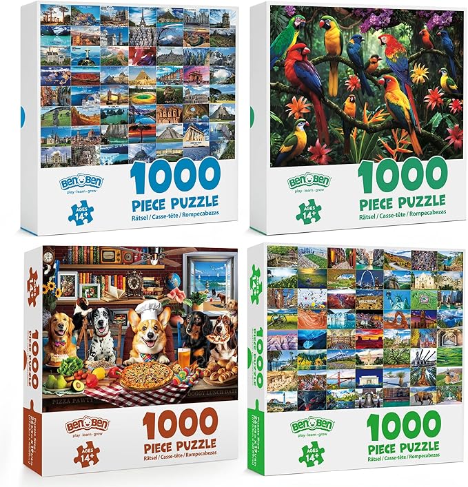 BenBen 1000 Piece Puzzle for Adults, 4 Pack Jigsaw Puzzles with Letters on Back, World Landscape, USA Landmarks, Dogs' Dinner Party, Jungle Parrots