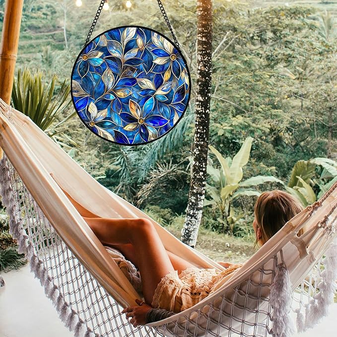 Stained Glass Window Hanging - Blue Gold Abstract Flowers Suncatcher for Door Terrace Garden Home Decor, Plant Sun Catcher Birthday Gifts for Lovers Women Men Dad Mom Nana 11.8 in