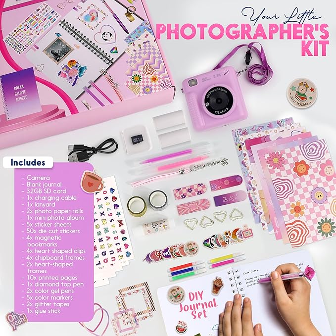 Photomaker Kit - Instant Print Camera for Kids Plus DIY Journal Kit for Girls - 150 Pcs Tween Journal & Camera for Girls - 6 7 8 9 10 11 12 13 14 Year Old Girl (Lilac)
