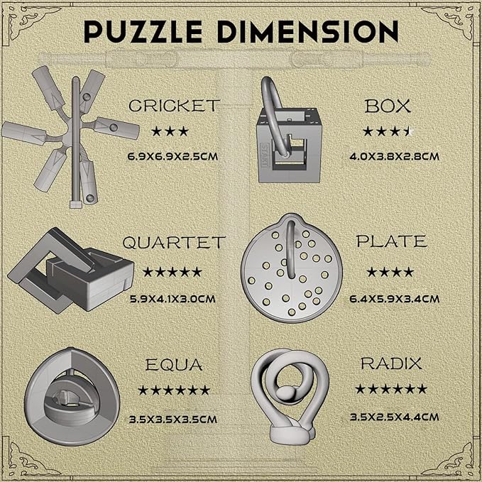 Metal Brain Teaser Puzzle Set - 6 Puzzles + Display Rack, Logic Games for Teens & Adults, Educational STEM Gift, Party Favors, 3D Puzzle Challenge